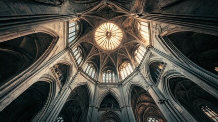 Architectural marvel, Gothic cathedral interior with intricate vaulted ceiling