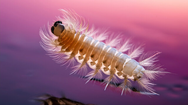 Backlit Silhouette of a Chaoborus Phantom Midge Larva Revealing Its Internal Air Sacs Against a Soft Pink Water Gradient