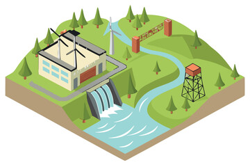 60 detailed 3d illustration, isometric view, hydroelectric dam, wind turbines, river, waterfall, power plant, countryside, lush green landscape, realistic environmental scenery