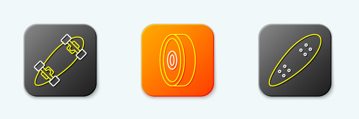 Set line Longboard or skateboard, Skateboard ball bearing and icon. Vector