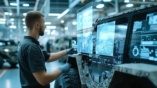 A detailed view of a technician inspecting the armored exterior of a military vehicle in a factory, surrounded by digital displays showing critical measurements for strength and pe