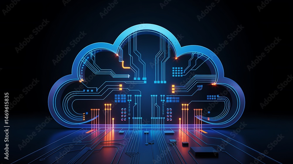 Poster cloud computing technology concept with circuit board design glowing in blue and orange illustrating