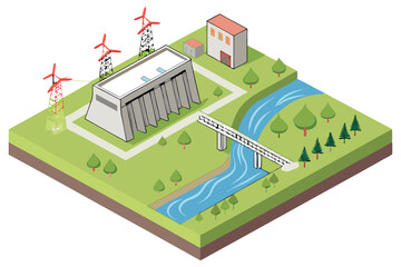 60 detailed 3d illustration, isometric view, hydroelectric dam, wind turbines, river, waterfall, power plant, countryside, lush green landscape, realistic environmental scenery