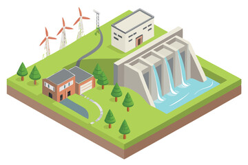 60 detailed 3d illustration, isometric view, hydroelectric dam, wind turbines, river, waterfall, power plant, countryside, lush green landscape, realistic environmental scenery