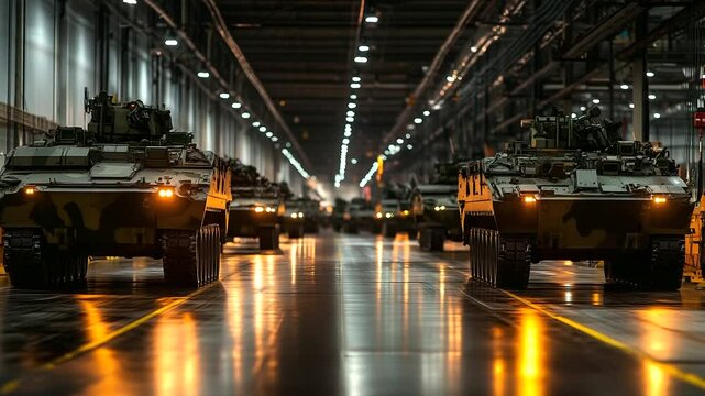 A panoramic shot of a military factory, showcasing armored vehicles being loaded onto transport vehicles, ready to be deployed after passing through stringent quality control check