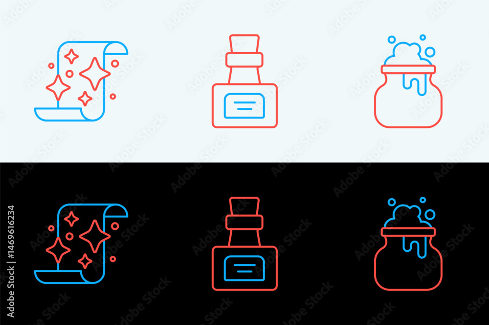 Poster set line witch cauldron, magic scroll and bottle with potion icon. vector