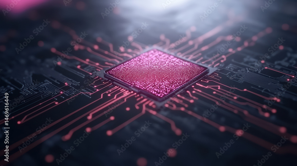 Poster high tech circuit board with glowing microchip and intricate connections