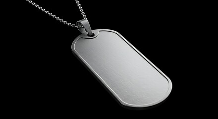 Blank silver dog tag with ball chain on black background