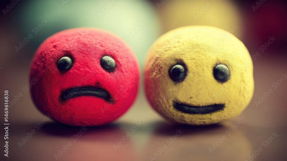 Poster two playful balls with drawn faces symbolizing sentiment divergence pattern and mood not matching in