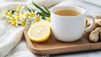 Warm tea with lemon and ginger on wooden tray, surrounded by flowers and cozy blanket