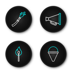 Set line Fire cone bucket, Burning match with fire, Megaphone and hose reel icon. Vector