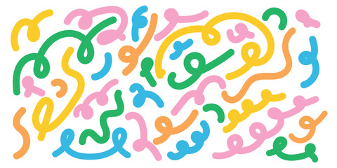 Colorful abstract squiggle lines in playful doodle style. Hand drawn vector illustration with curved shapes. Fun decorative elements isolated on white background.