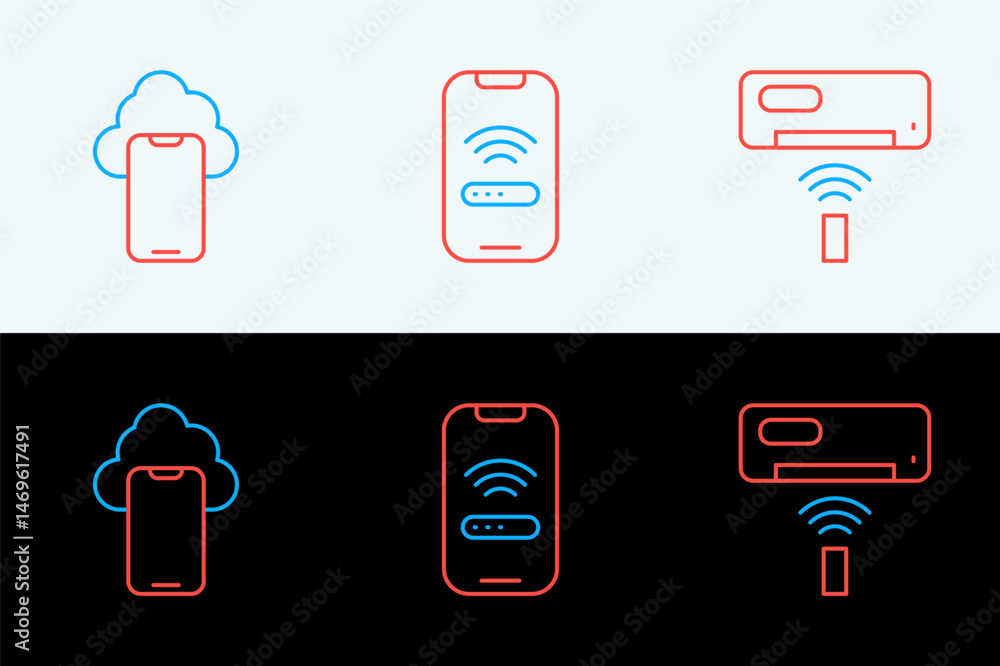 Poster set line air conditioner, cloud technology data and mobile with wi-fi wireless icon. vector