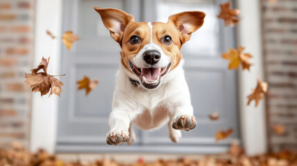 Joyful dog jumping in colorful leaves, capturing essence of autumn fun and happiness