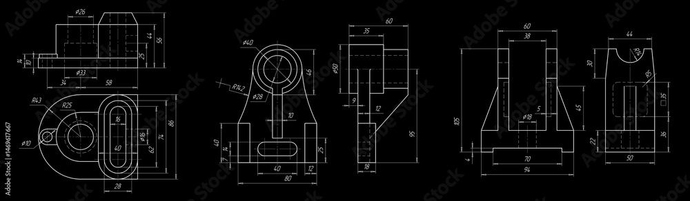 Poster sketch of steel mechanical parts with through holes and dimensional lines. background with engineeri