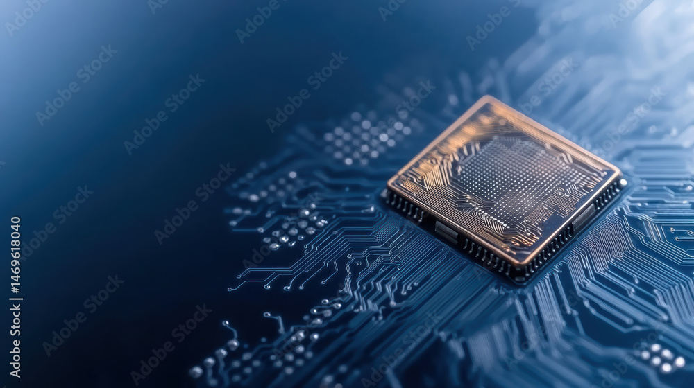 Poster high tech microchip on circuit board, symbolizing innovation and technology
