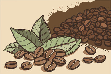 Obraz premium 61 coffee beans, roasted coffee beans, coffee grounds, coffee leaves, still life, natural lighting, high-resolution, highly detailed, cinematic