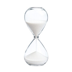 An elegant hourglass showcasing flowing white sand, symbolizing the passage of time against a minimalistic white background.