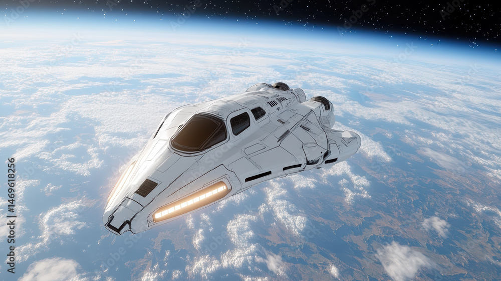 Poster futuristic spaceship soaring through space with sleek design and metallic surface