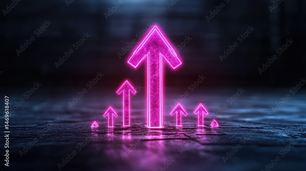 Poster glowing digital chart with multiple arrows pointing upward, symbolizing growth and progress