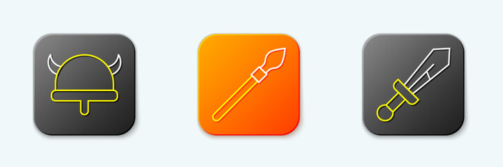Set line Viking in horned helmet, Medieval spear and sword icon. Vector