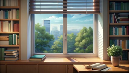 Cozy study window view with cityscape and greenery outside  