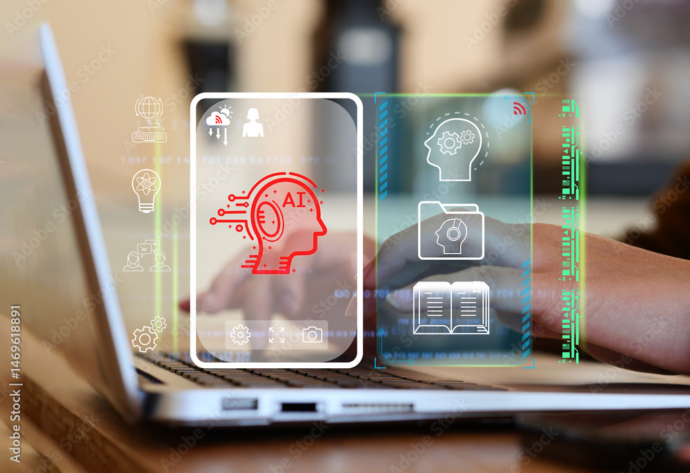 Poster ai artificial intelligence technology for data analysis, research, woman uses a laptop and ai assist