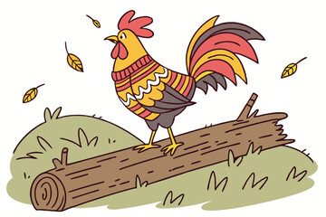 62 A colorful rooster standing on a log, wearing a vibrant knitted sweater, against a blurred natural background with fallen leaves