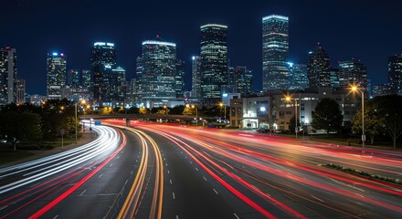 Obraz premium Night Lights Cityscape: A mesmerizing long exposure of a vibrant city highway at night, showcasing the dynamic energy of urban life against the backdrop of a stunning skyline.