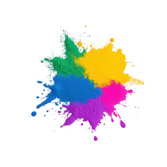 Fototapeta premium Colorful paint splashes in vibrant hues of yellow, blue, green, and pink against a white isolated background, perfect for creative projects and artistic designs.