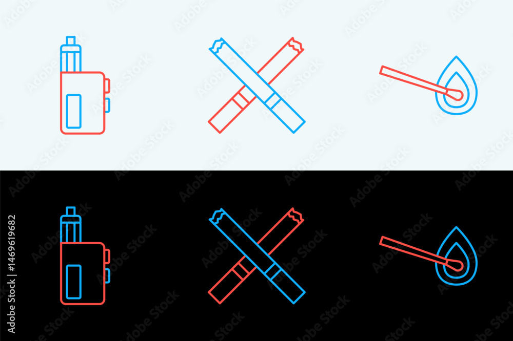 Poster set line burning match with fire, vape mod device and cigarette icon. vector