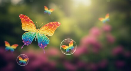 Vibrant Rainbow Butterflies in a Dreamy Garden Setting with Bubbles