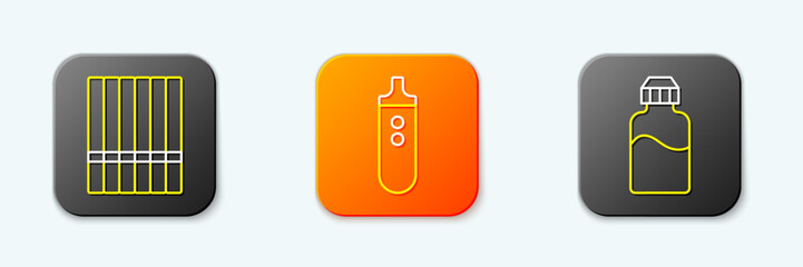 Set line Cigarette, Electronic cigarette and Vape liquid bottle icon. Vector