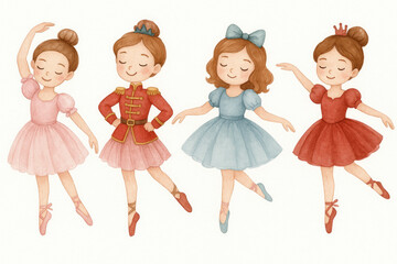 Retro Watercolor Ballet Girls Clip Art - Cute Nutcracker Ballerinas Dancing, Isolated Vector Illustrations