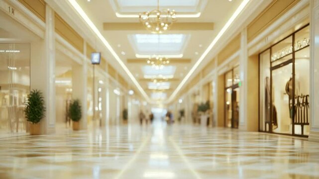 Elegant, spacious shopping mall interior, with a long hallway,  light beige and gold tones,  and  shops.  Gentle bokeh effect