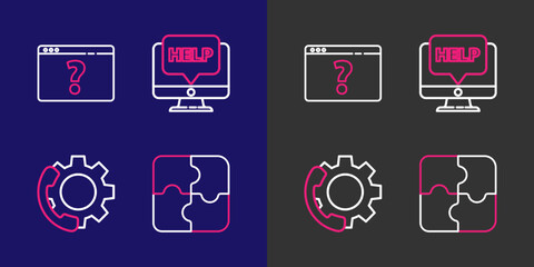 Set line Piece of puzzle, Telephone 24 hours support, Computer monitor and help and Browser with question mark icon. Vector