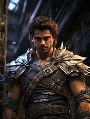 A man in fantasy armor with brown hair and a serious expression standing in a dark environment