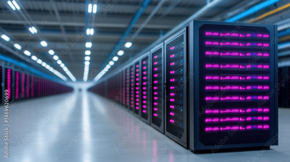Poster high tech cryptocurrency mining farm with illuminated servers and modern design