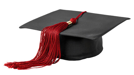 A Classic Graduation Cap with a Bold Red Tassel Resting on Transparent Background

