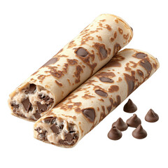 Delicious chocolate-filled crepes wrapped tightly, showcasing a delightful filling and topped with chocolate chips, perfect for dessert lovers.