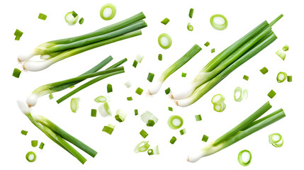 Fresh Falling Green Onion Slices and Cut Chives Isolated on Transparent Background