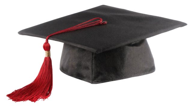 A Classic Graduation Cap with a Bold Red Tassel Resting on Transparent Background

