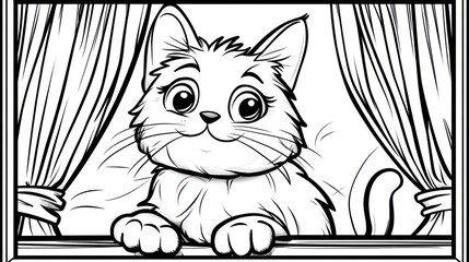 Cute kitten peeking out of a window, framed by curtains.  Fluffy, large eyes, and a happy expression