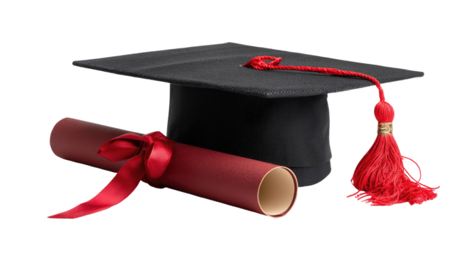 A Classic Graduation Cap with a Bold Red Tassel Resting on Transparent Background

