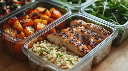 Organized meal prep scene featuring glass containers with balanced portions of grilled chicken, quinoa, roasted vegetables, and fresh greens, captured in soft natural light.