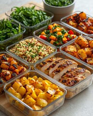 Organized meal prep scene featuring glass containers with balanced portions of grilled chicken, quinoa, roasted vegetables, and fresh greens, captured in soft natural light.