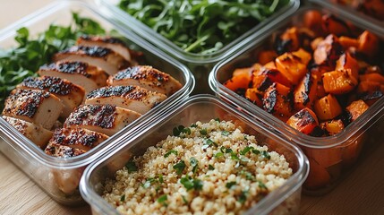 Organized meal prep scene featuring glass containers with balanced portions of grilled chicken, quinoa, roasted vegetables, and fresh greens, captured in soft natural light.