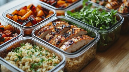 Organized meal prep scene featuring glass containers with balanced portions of grilled chicken, quinoa, roasted vegetables, and fresh greens, captured in soft natural light.