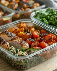 Organized meal prep scene featuring glass containers with balanced portions of grilled chicken, quinoa, roasted vegetables, and fresh greens, captured in soft natural light.