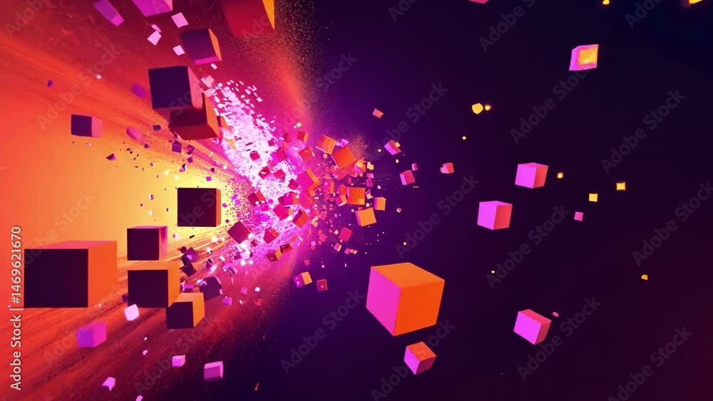 Poster vibrant digital abstract colorful explosion of cubes in light and energy, creating dynamic movement 